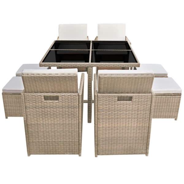  9-tlg. Garten-Essgruppe mit Auflagen Poly Rattan Beige