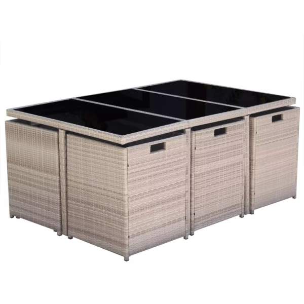  11-tlg. Garten-Essgruppe mit Auflagen Poly Rattan Beige