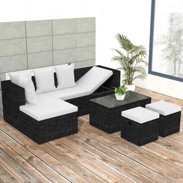  4-tlg. Garten-Lounge-Set mit Auflagen Poly Rattan Schwarz