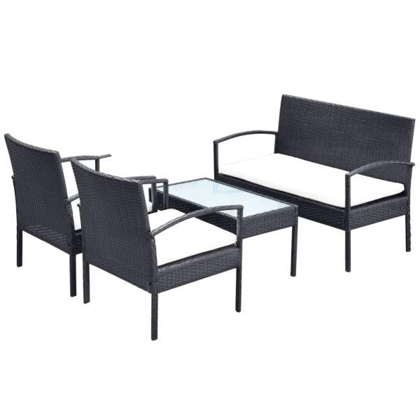  4-tlg. Garten-Lounge-Set mit Auflagen Poly Rattan Schwarz