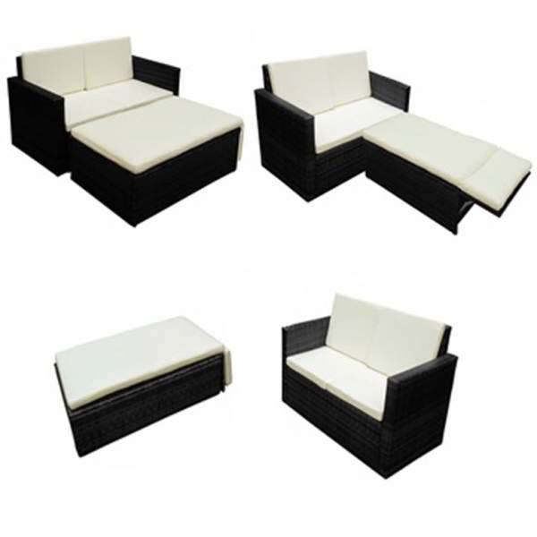  2-tlg. Garten-Lounge-Set mit Auflagen Poly Rattan Schwarz