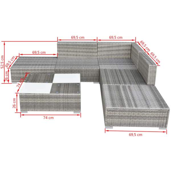  6-tlg. Garten-Lounge-Set mit Auflagen Poly Rattan Grau