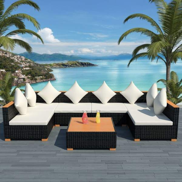  7-tlg. Garten-Lounge-Set mit Auflagen Poly Rattan Schwarz