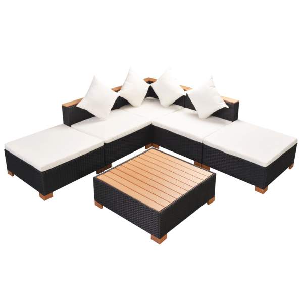  6-tlg. Garten-Lounge-Set mit Auflagen Poly Rattan Schwarz