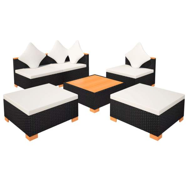  6-tlg. Garten-Lounge-Set mit Auflagen Poly Rattan Schwarz