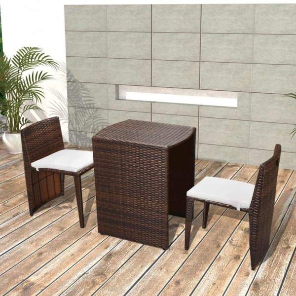  3-tlg. Bistro-Set mit Auflagen Poly Rattan Braun