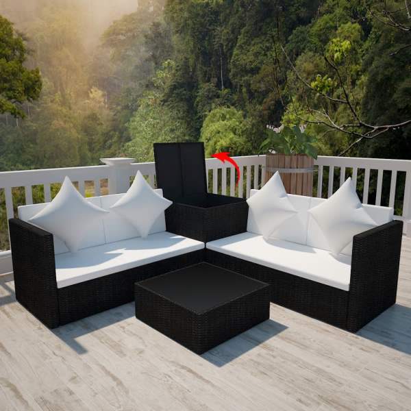  4-tlg. Garten-Lounge-Set mit Auflagen Poly Rattan Schwarz