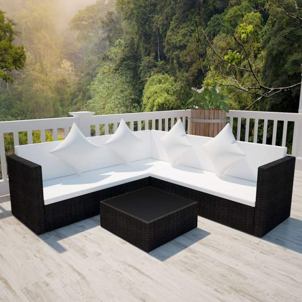  4-tlg. Garten-Lounge-Set mit Auflagen Poly Rattan Schwarz