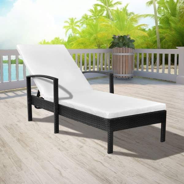  Sonnenliege mit Auflage Poly Rattan Schwarz