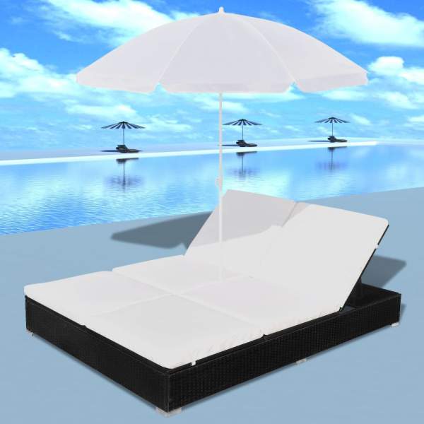  Outdoor-Loungebett mit Sonnenschirm Poly Rattan Schwarz