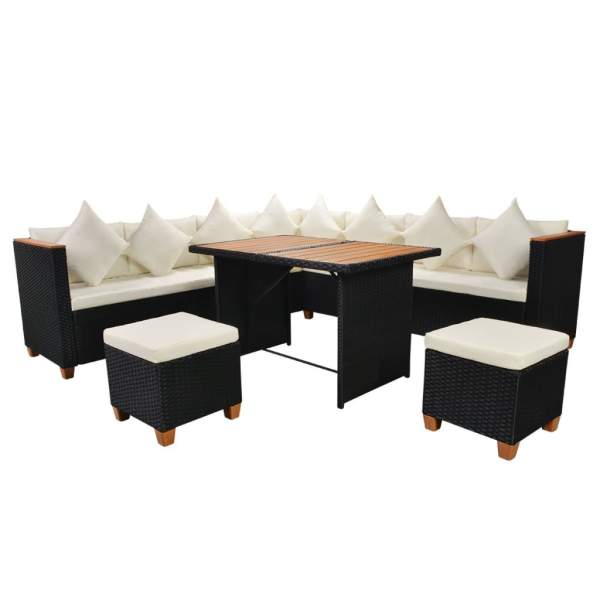  7-tlg. Garten-Lounge-Set mit Auflagen Poly Rattan Schwarz