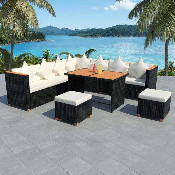  7-tlg. Garten-Lounge-Set mit Auflagen Poly Rattan Schwarz