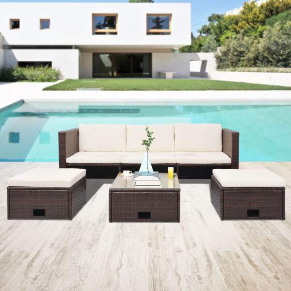  4-tlg. Garten-Lounge-Set mit Auflagen Poly Rattan Braun