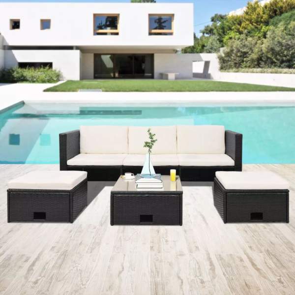  4-tlg. Garten-Lounge-Set mit Auflagen Poly Rattan Schwarz