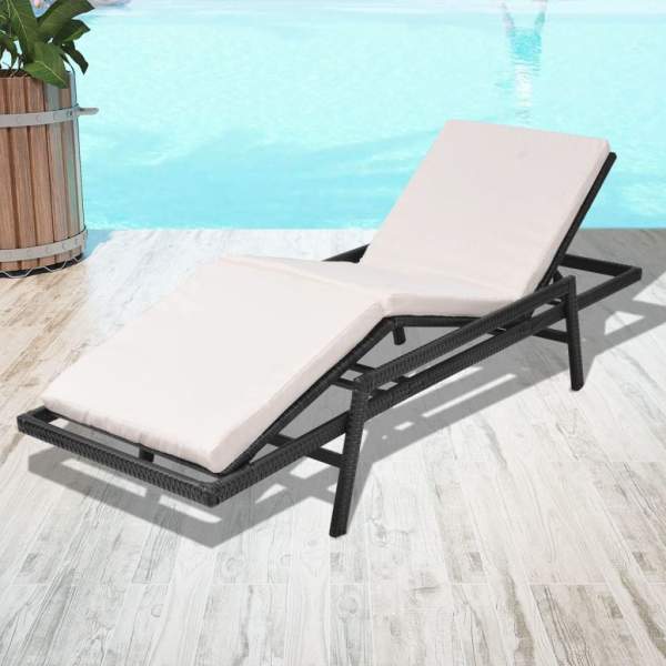  Sonnenliege mit Auflage Poly Rattan Schwarz