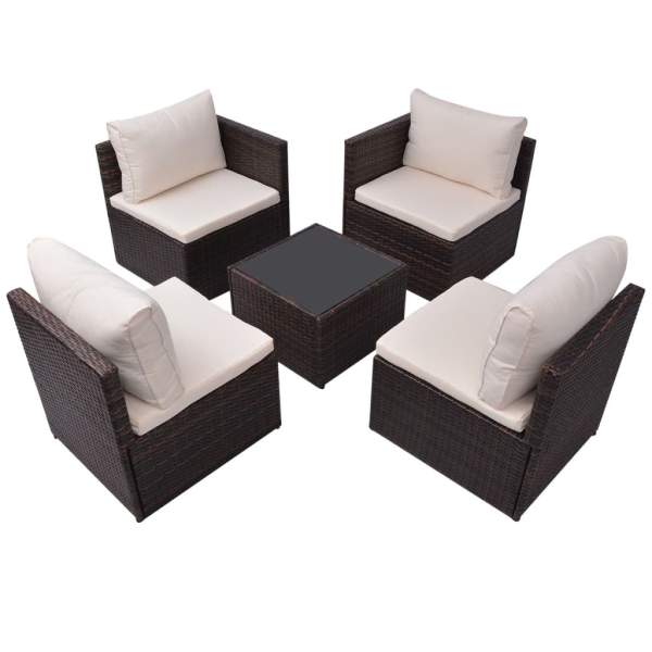  5-tlg. Garten-Lounge-Set mit Auflagen Poly Rattan Braun