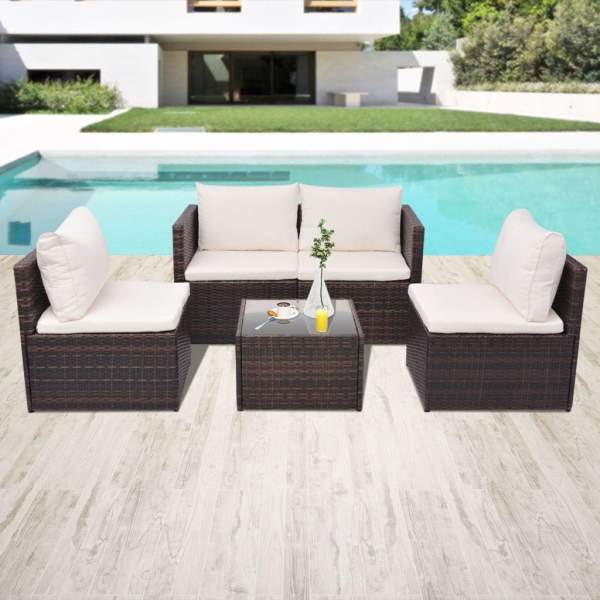  5-tlg. Garten-Lounge-Set mit Auflagen Poly Rattan Braun