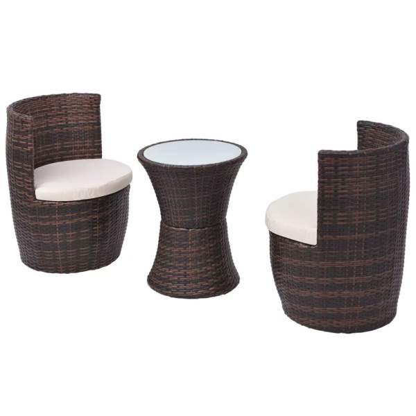  3-tlg. Bistro-Set mit Auflagen Poly Rattan Braun