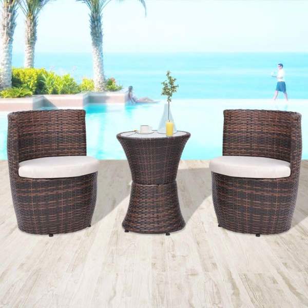  3-tlg. Bistro-Set mit Auflagen Poly Rattan Braun