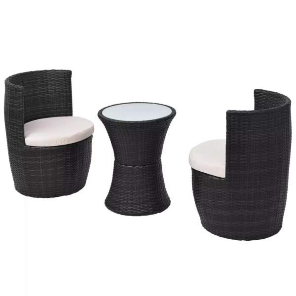  3-tlg. Bistro-Set mit Auflagen Poly Rattan Schwarz