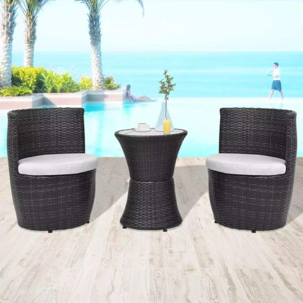  3-tlg. Bistro-Set mit Auflagen Poly Rattan Schwarz