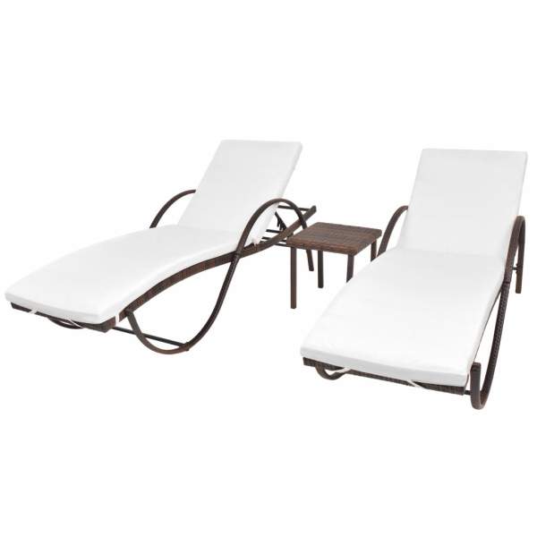  Sonnenliegen 2 Stk. mit Tisch Poly Rattan Braun