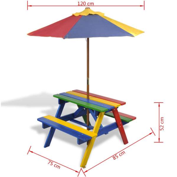  Kinder-Picknicktisch mit Bänken & Sonnenschirm Mehrfarbig Holz