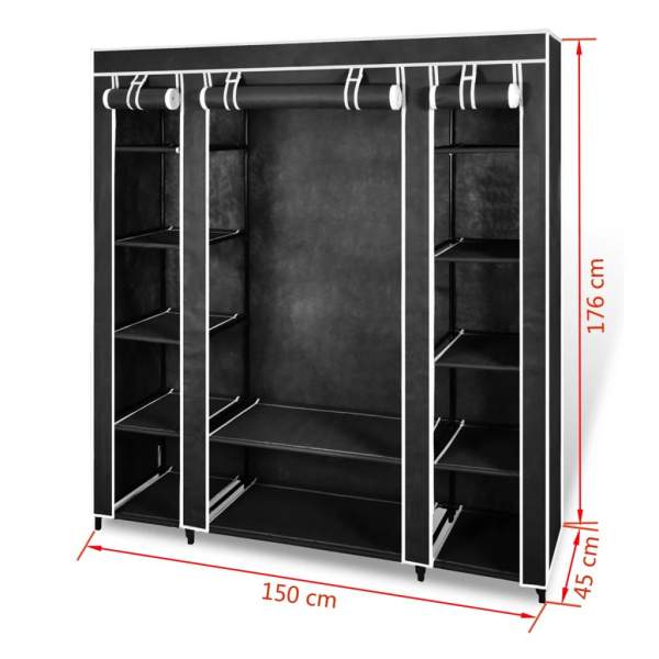  Stoffschrank mit Fächern Kleiderstangen 45×150×176 cm Schwarz  