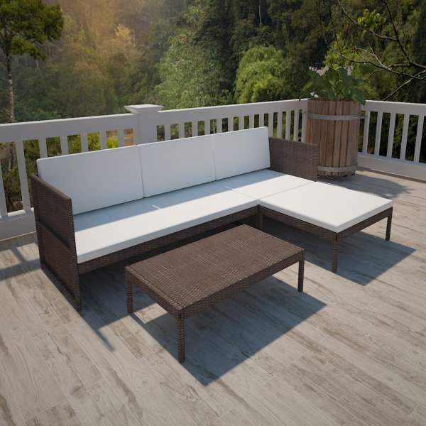  3-tlg. Garten-Lounge-Set mit Auflagen Poly Rattan Braun