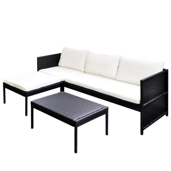  3-tlg. Garten-Lounge-Set mit Kissen Poly-Rattan Schwarz