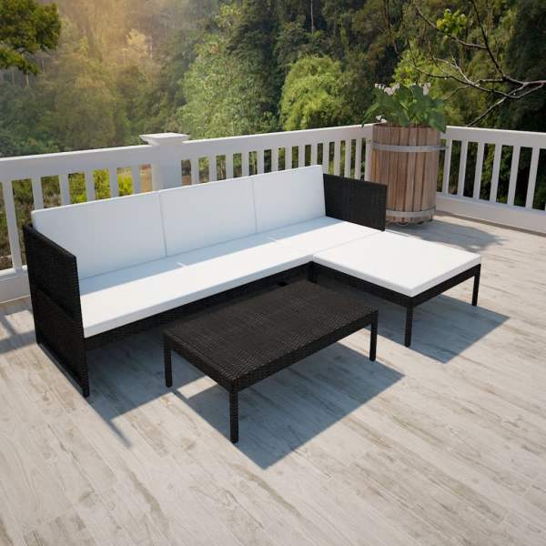  3-tlg. Garten-Lounge-Set mit Kissen Poly-Rattan Schwarz