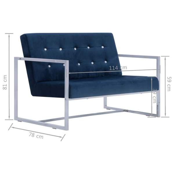  2-Sitzer-Sofa mit Armlehnen Blau Chrom und Samt  