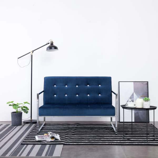  2-Sitzer-Sofa mit Armlehnen Blau Chrom und Samt  