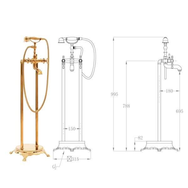  Freistehende Badewannenarmatur Edelstahl 99,5 cm Golden