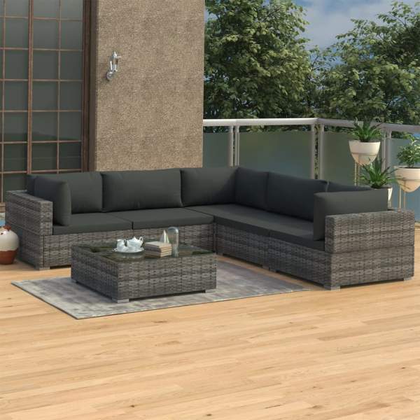 6-tlg. Garten-Lounge-Set mit Auflagen Poly Rattan Grau