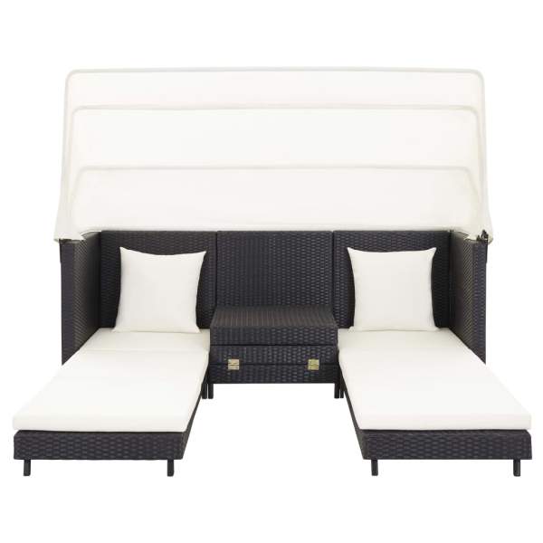  Ausziehbares 3-Sitzer-Schlafsofa mit Dach Poly Rattan Schwarz