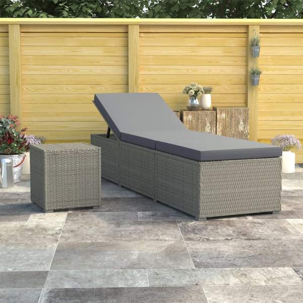  Sonnenliege mit Auflage und Teetisch Poly Rattan Grau