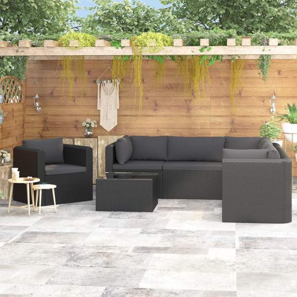  7-tlg. Garten-Lounge-Set mit Auflagen Poly Rattan Schwarz