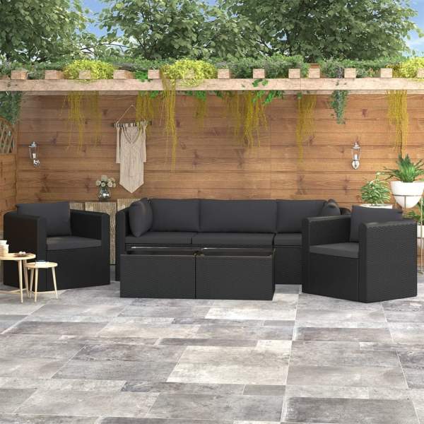  7-tlg. Garten-Lounge-Set mit Auflagen Poly Rattan Schwarz
