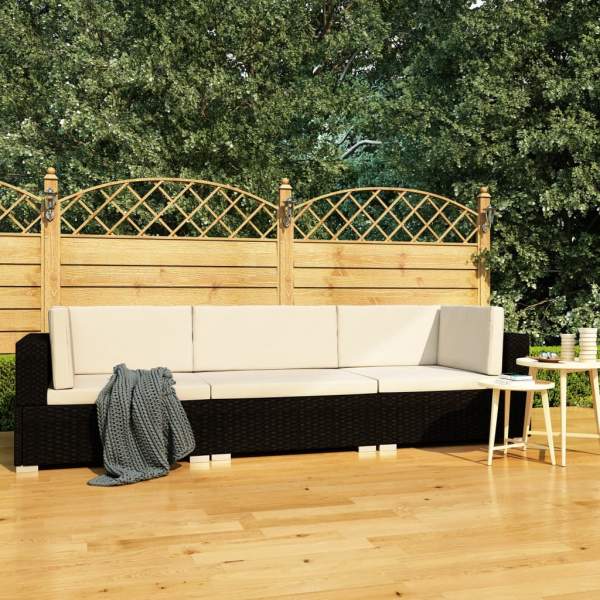  3-tlg. Garten-Sofagarnitur mit Auflagen Poly Rattan Schwarz