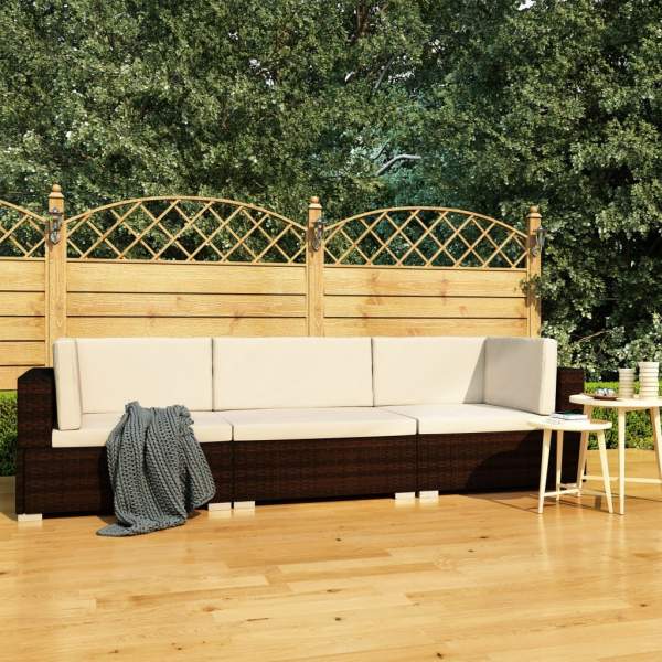  3-tlg. Garten-Sofagarnitur mit Auflagen Poly Rattan Braun