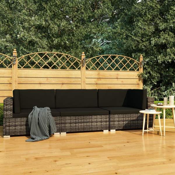  3-tlg. Garten-Sofagarnitur mit Auflagen Poly Rattan Grau