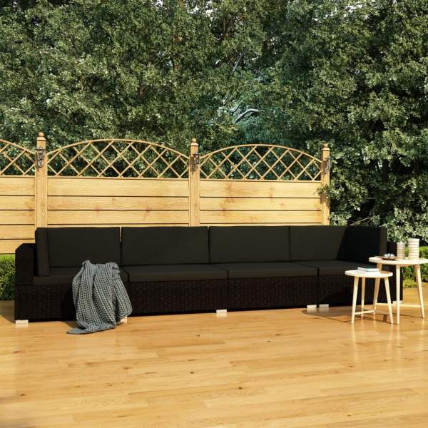  4-tlg. Garten-Sofagarnitur mit Auflagen Poly Rattan Schwarz