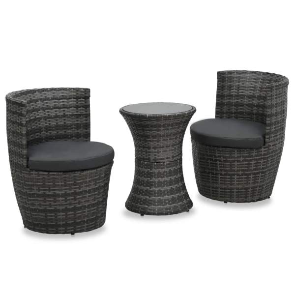  3-tlg. Bistro-Set mit Auflagen Poly Rattan Grau