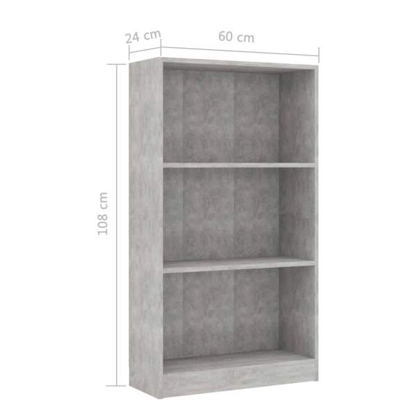  Bücherregal 3 Fächer Betongrau 60x24x109 cm Holzwerkstoff