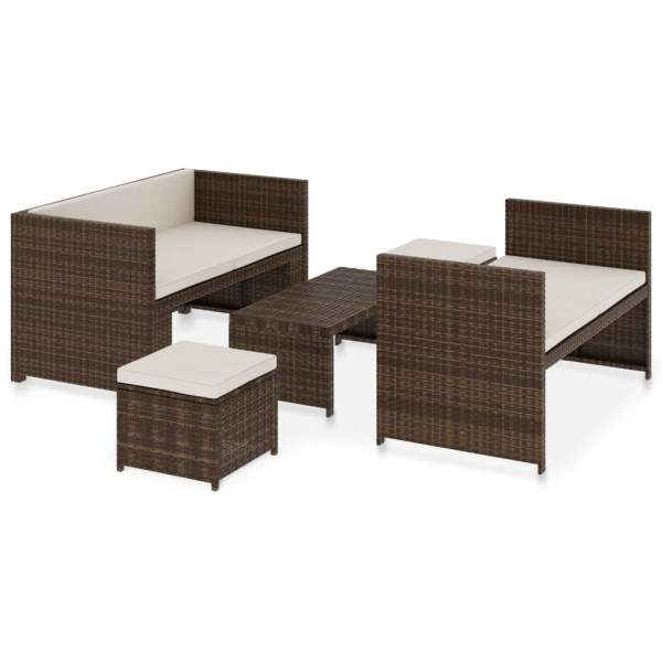  5-tlg. Garten-Lounge-Set mit Auflagen Poly Rattan Braun