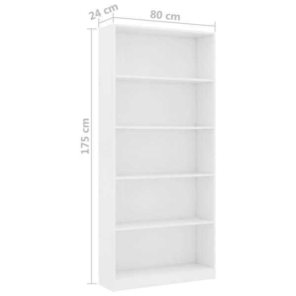  Bücherregal 5 Fächer Weiß 80x24x175 cm Holzwerkstoff