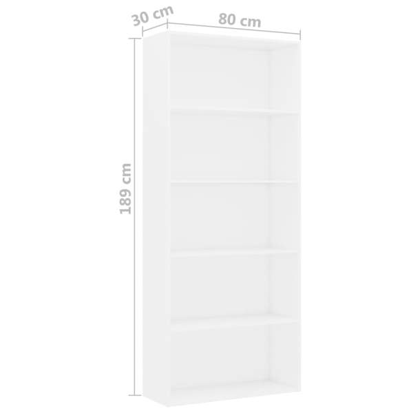  Bücherregal 5 Fächer Weiß 80x30x189 cm Holzwerkstoff