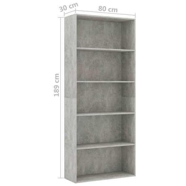  Bücherregal 5 Fächer Betongrau 80x30x189 cm Holzwerkstoff