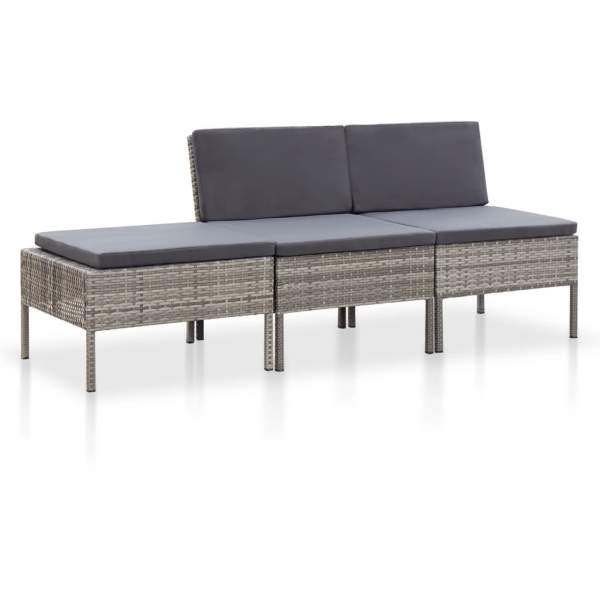  3-tlg. Garten-Lounge-Set mit Auflagen Poly Rattan Grau